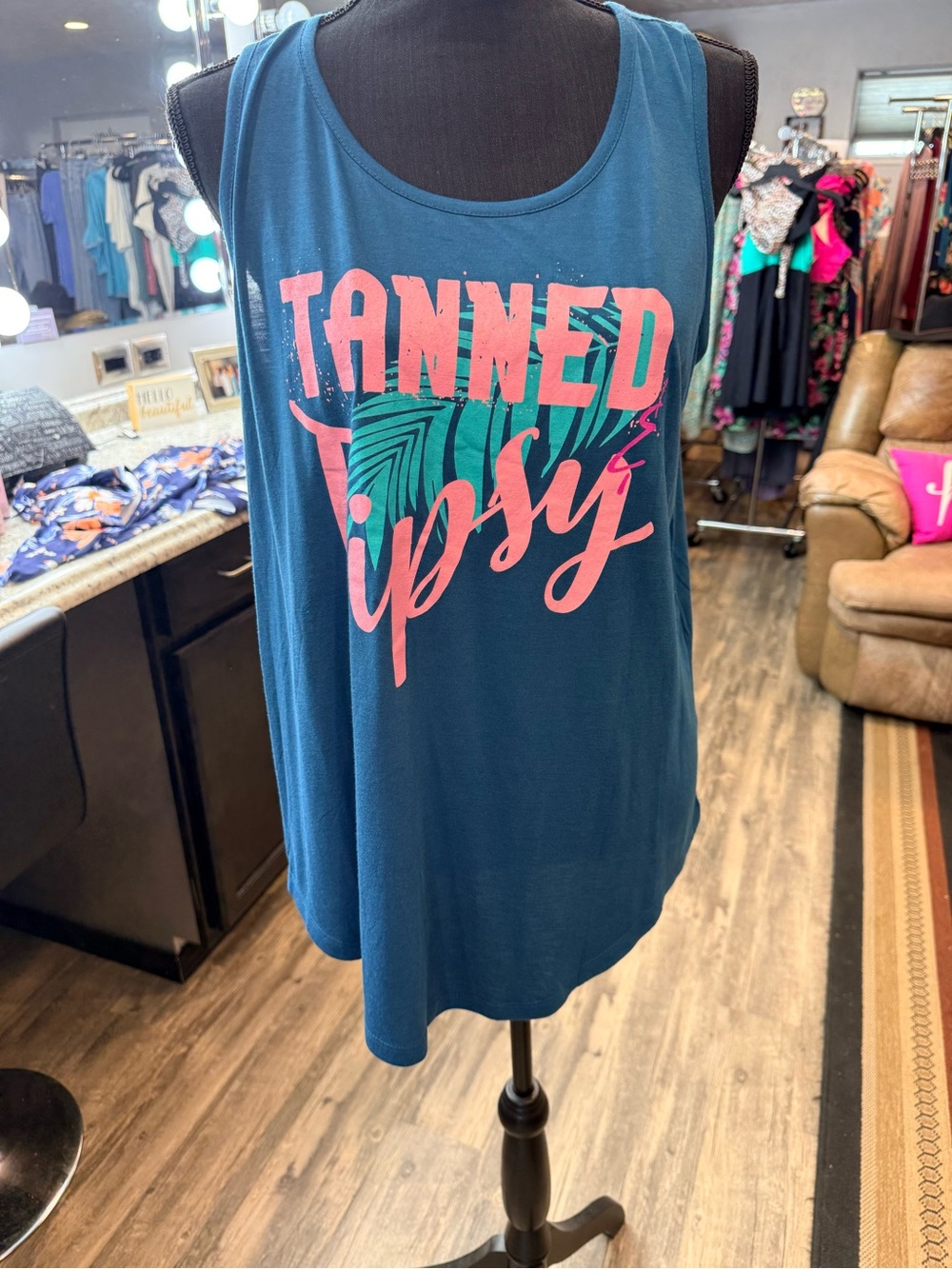 Tanned Tipsy Teal Graphic Tank Top